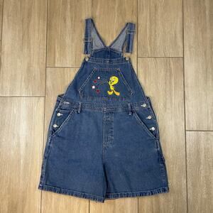 Looney Tunes Tweety Bird Denim Short Overalls Womens L Cartoon 90s